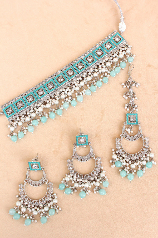 Sky Blue Silver Polish Polki Choker With Large Earrings And Tikka (CS023-SB-Polki)