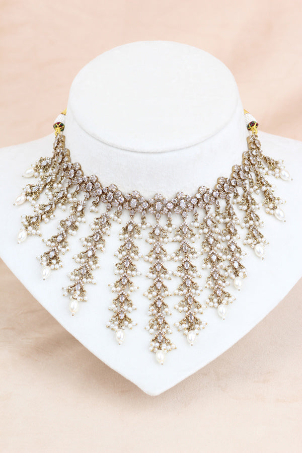White Light Weight Heavy Look Choker With Matching Jhumka Earrings And Tikka  (CS024-W-Polki)