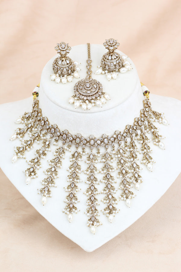 White Light Weight Heavy Look Choker With Matching Jhumka Earrings And Tikka  (CS024-W-Polki)