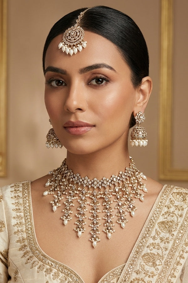 White Light Weight Heavy Look Choker With Matching Jhumka Earrings And Tikka