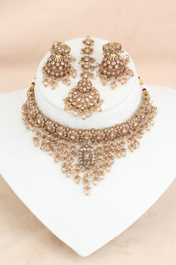 Gold Elegant And Light Weight Choker With Jhumka Earrings And Tikka  (CS025-Polki)