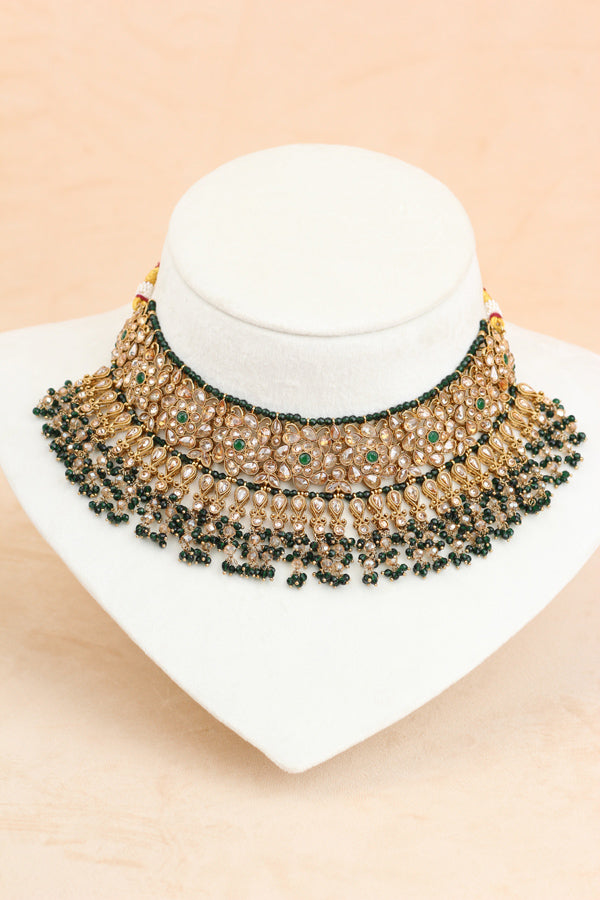 Green Statment Choker With Attached Pendants. Also Earrings With Jhumka And Saharey Attached And Tikka (CS026-G-Polki)