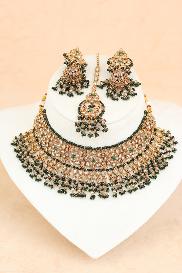 Green Statment Choker With Attached Pendants. Also Earrings With Jhumka And Saharey Attached And Tikka (CS026-G-Polki)