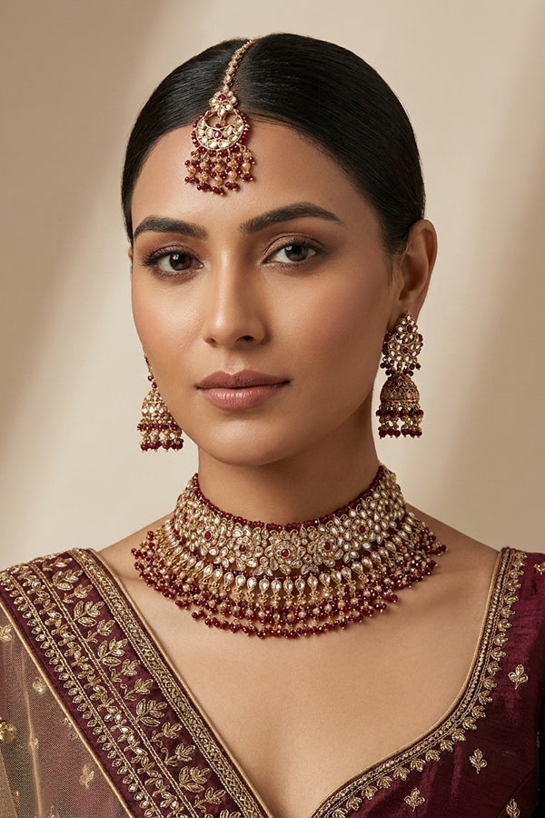 Maroon Statment Choker With Attached Pendants. Also Earrings With Jhumka And Saharey Attached And Tikka