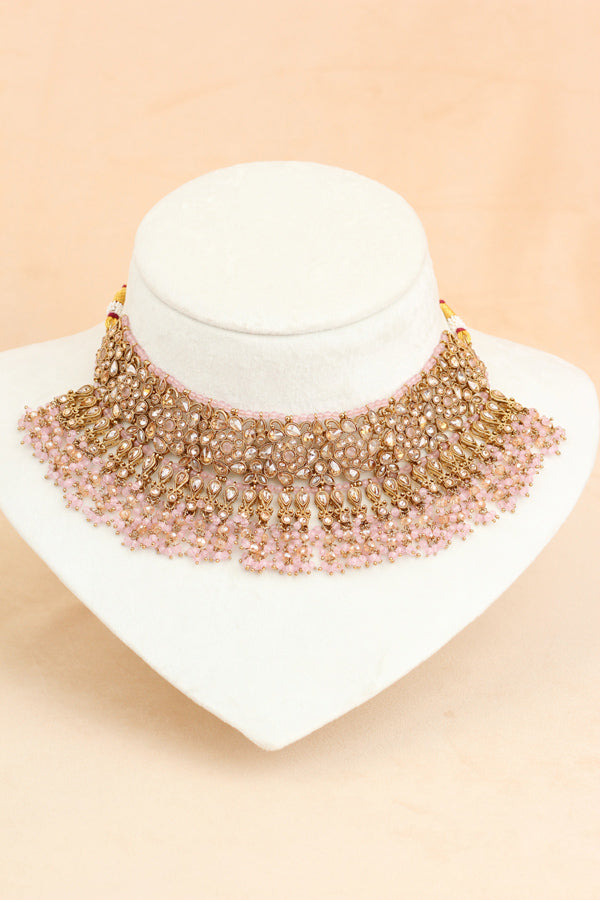 Pink Statment Choker With Attached Pendants. Also Earrings With Jhumka And Saharey Attached And Tikka (CS026-P-Polki)
