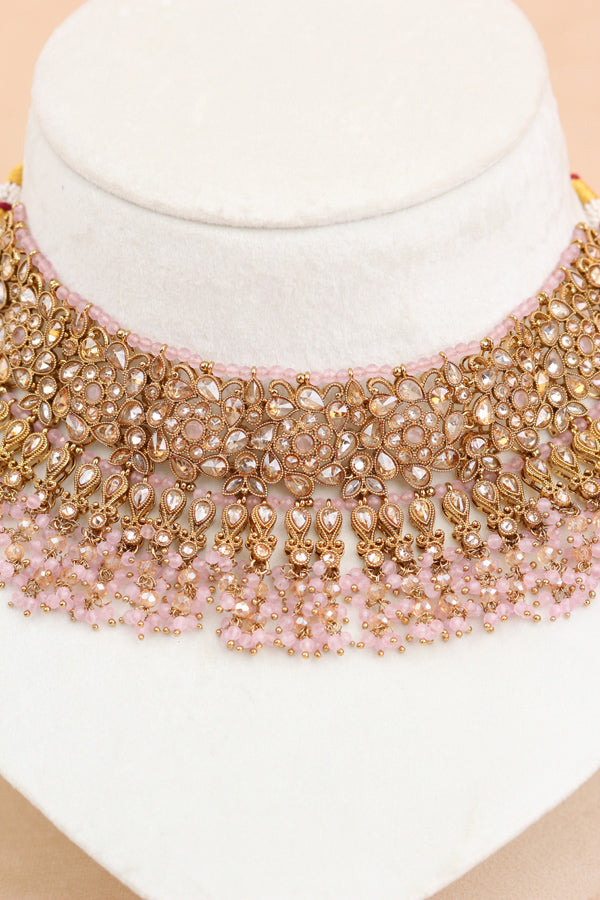 Pink Statment Choker With Attached Pendants. Also Earrings With Jhumka And Saharey Attached And Tikka (CS026-P-Polki)
