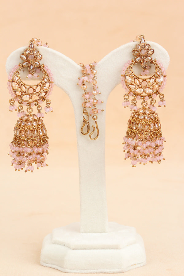Pink Statment Choker With Attached Pendants. Also Earrings With Jhumka And Saharey Attached And Tikka (CS026-P-Polki)