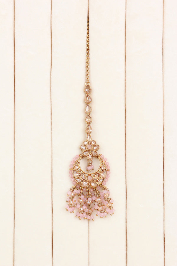Pink Statment Choker With Attached Pendants. Also Earrings With Jhumka And Saharey Attached And Tikka (CS026-P-Polki)