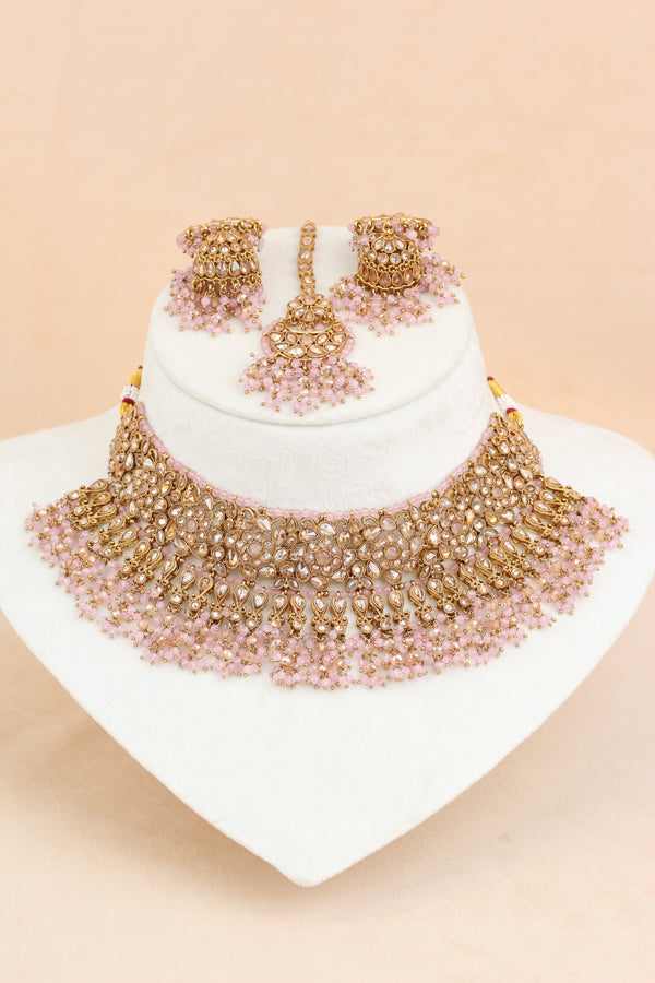 Pink Statment Choker With Attached Pendants. Also Earrings With Jhumka And Saharey Attached And Tikka (CS026-P-Polki)