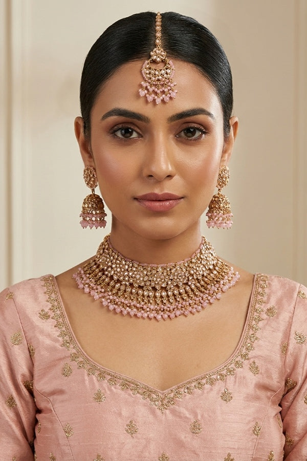 Pink Statment Choker With Attached Pendants. Also Earrings With Jhumka And Saharey Attached And Tikka