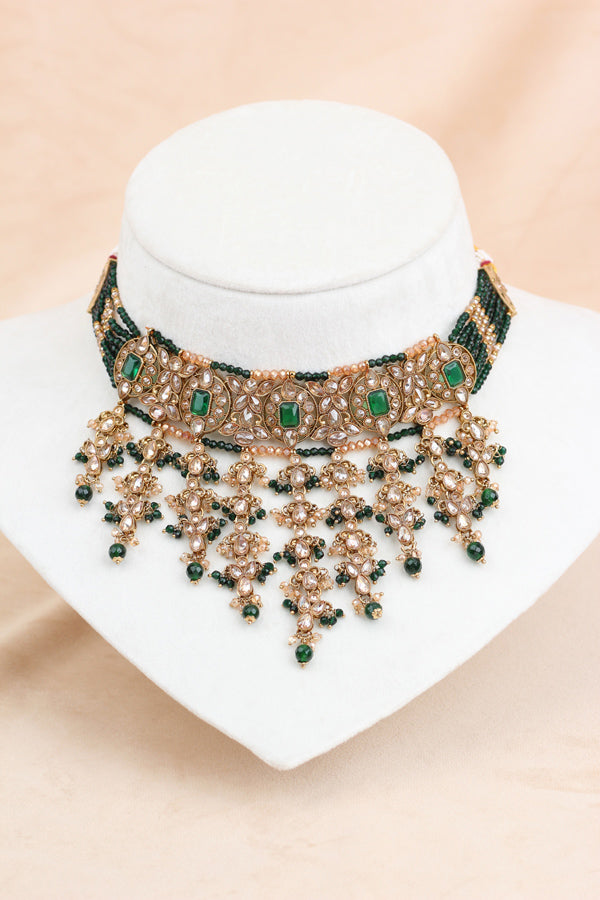 Green Small And Elegant Choker Set With Large Earrings And Tikka (CS027-G-Polki)