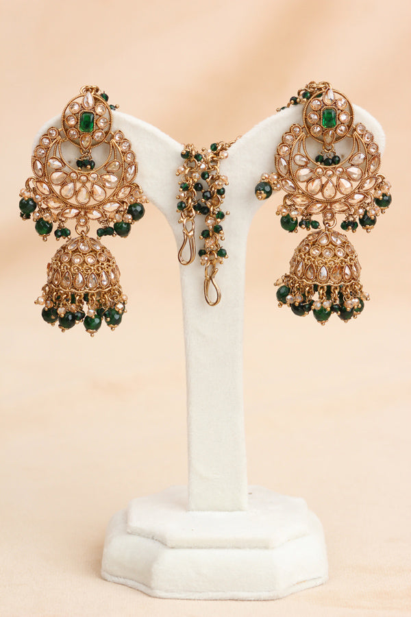 Green Small And Elegant Choker Set With Large Earrings And Tikka (CS027-G-Polki)