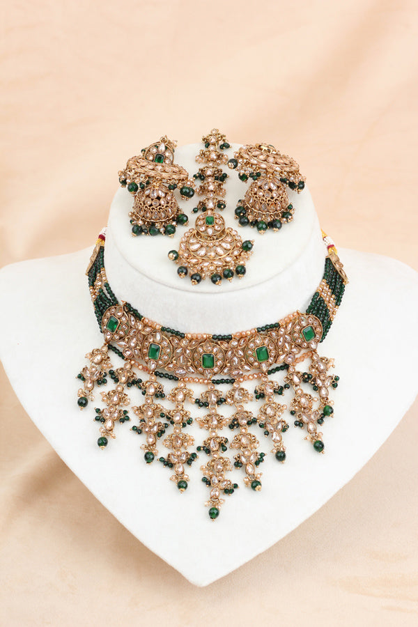 Green Small And Elegant Choker Set With Large Earrings And Tikka (CS027-G-Polki)