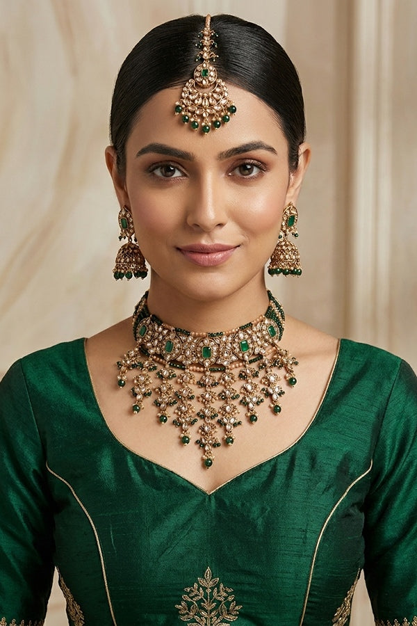 Green Small And Elegant Choker Set With Large Earrings And Tikka
