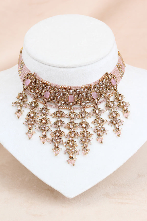Pink Small And Elegant Choker Set With Large Earrings And Tikka (CS027-P-Polki)