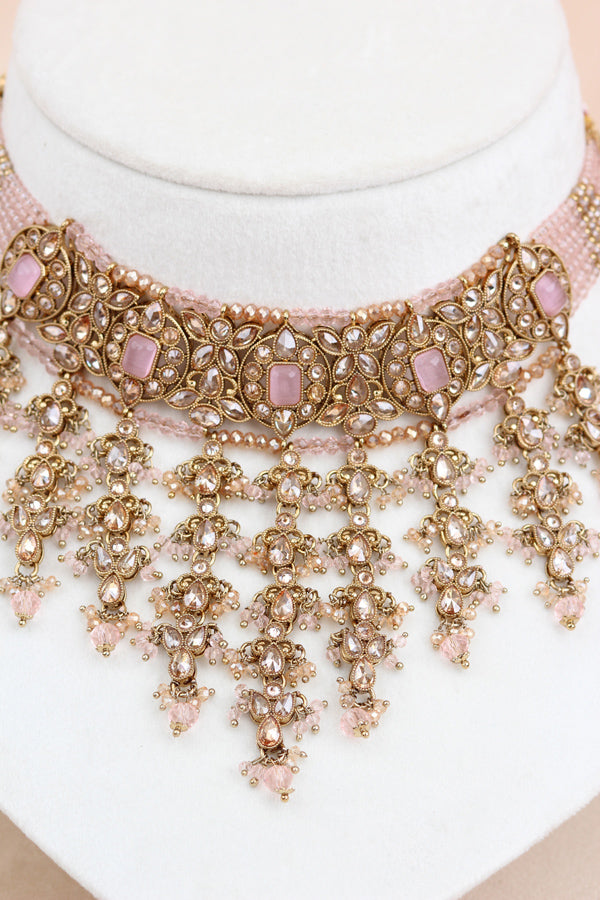Pink Small And Elegant Choker Set With Large Earrings And Tikka (CS027-P-Polki)