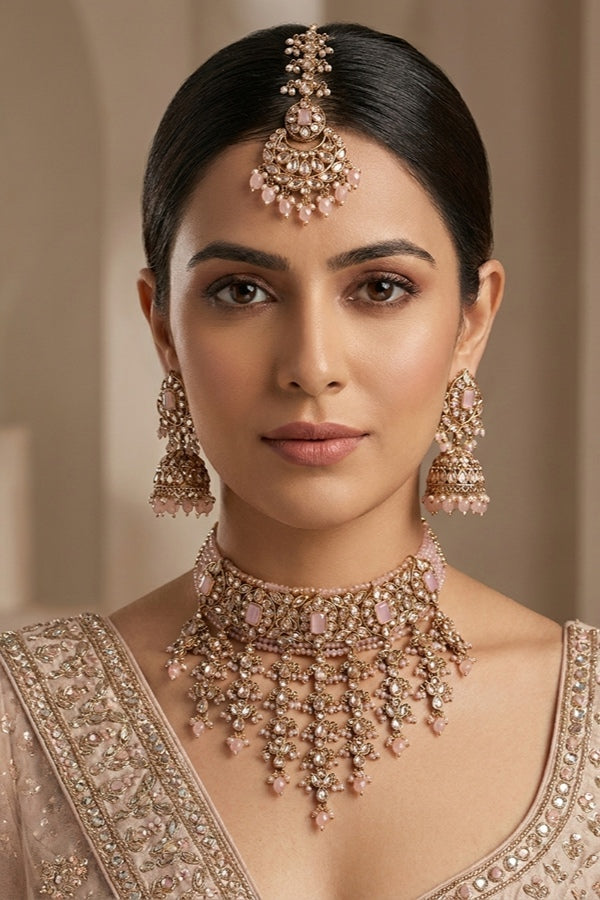Pink Small And Elegant Choker Set With Large Earrings And Tikka