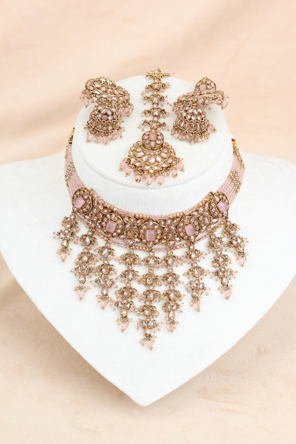 Pink Small And Elegant Choker Set With Large Earrings And Tikka (CS027-P-Polki)