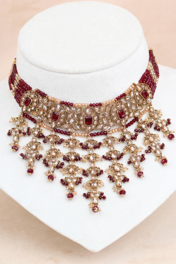 Ruby Red Small And Elegant Choker Set With Large Earrings And Tikka (CS027-RU-Polki)