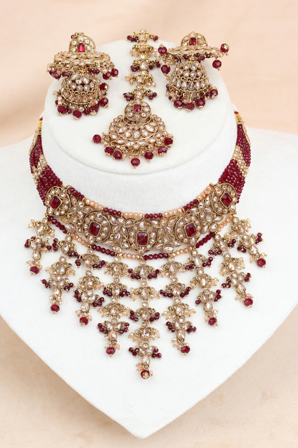 Ruby Red Small And Elegant Choker Set With Large Earrings And Tikka (CS027-RU-Polki)
