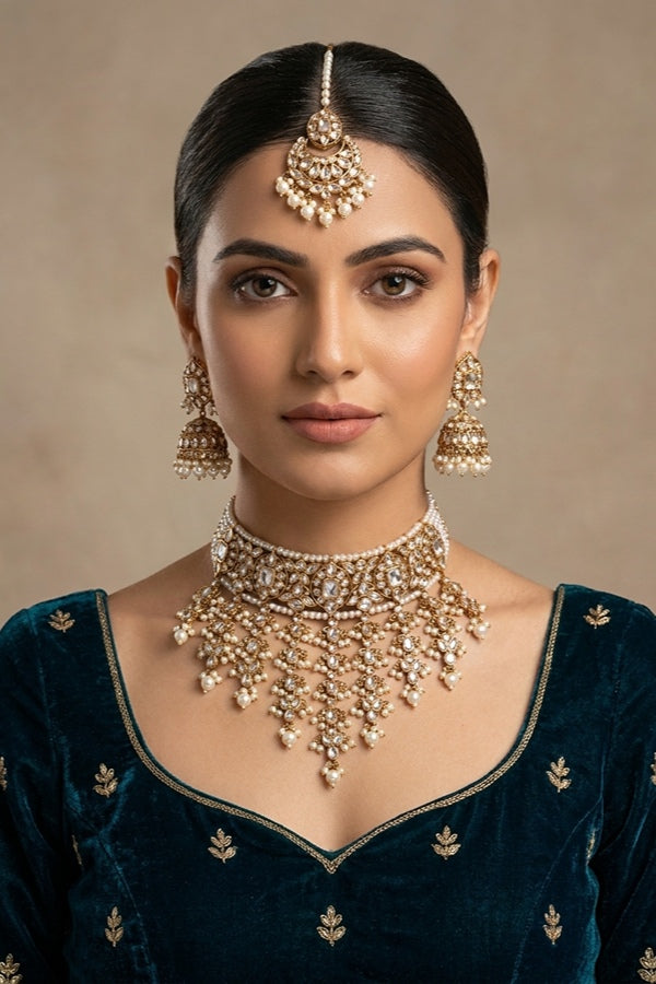 White Small And Elegant Choker Set With Large Earrings And Tikka