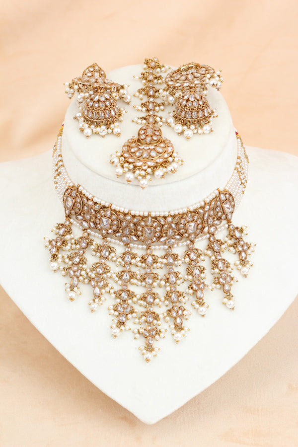 White Small And Elegant Choker Set With Large Earrings And Tikka (CS027-W-Polki)