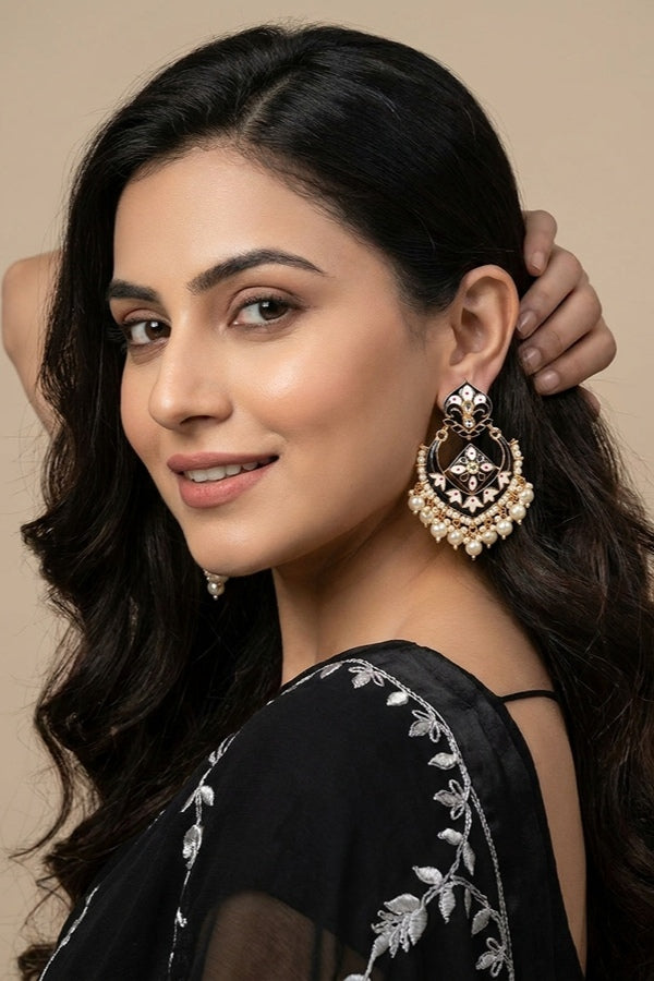 Large Earrings In Black Color With White Pearls Attached