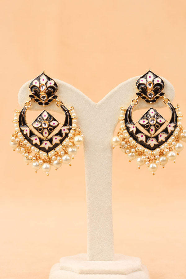 Large Earrings In Black Color With White Pearls Attached (E001-BL-B1)