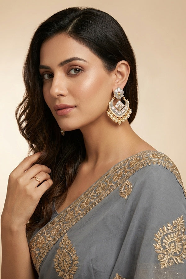 Large Earrings In Grey Color With White Pearls Attached