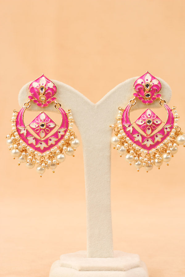 Large Earrings In Hot Pink Color With White Pearls Attached (E001-HP-B1)