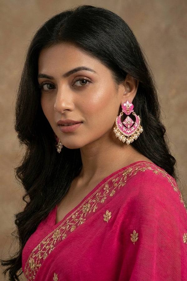 Large Earrings In Hot Pink Color With White Pearls Attached