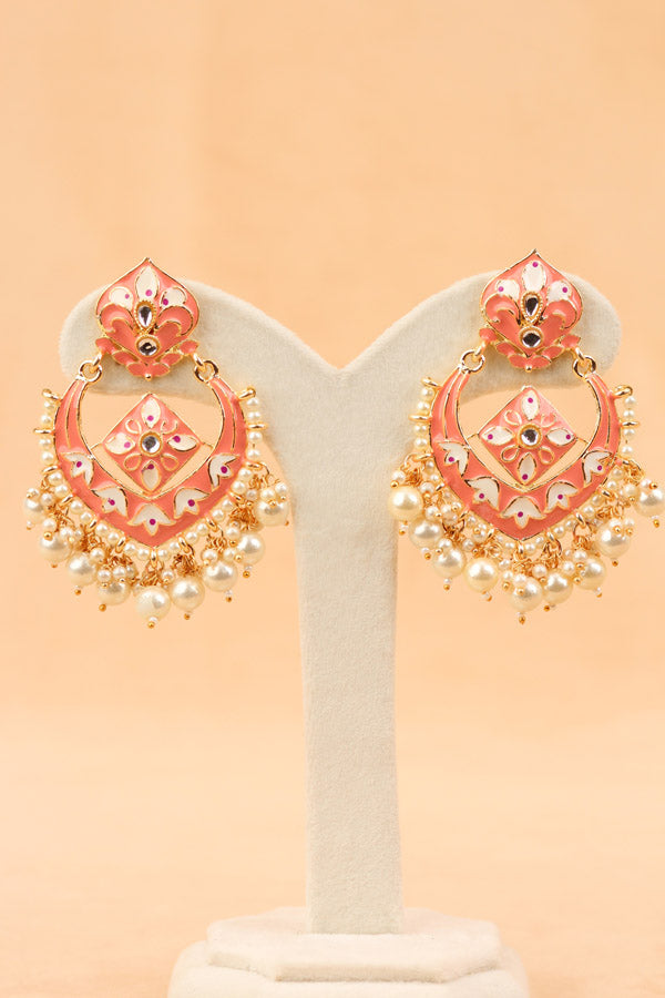 Large Earrings In Peach Color With White Pearls Attached (E001-PE-B1)