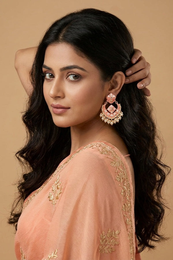 Large Earrings In Peach Color With White Pearls Attached