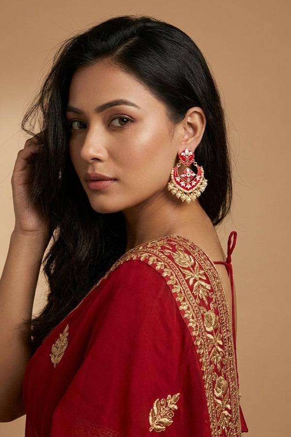 Large Earrings In Red Color With White Pearls Attached