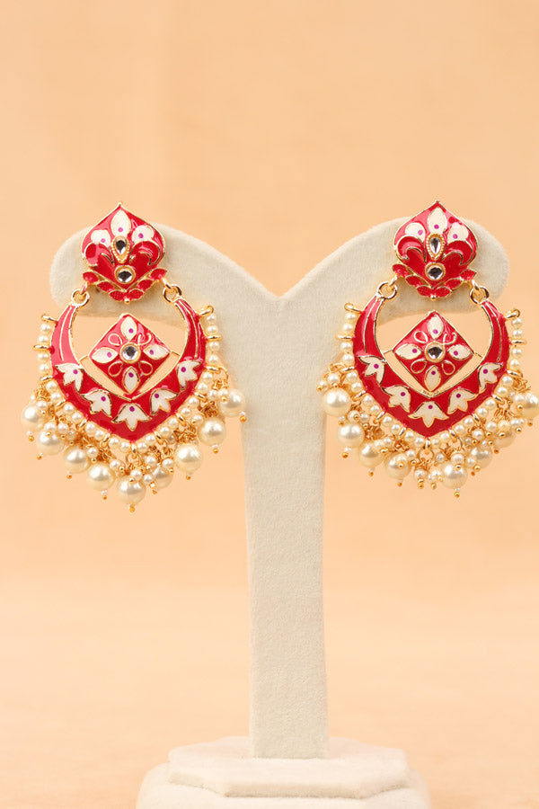Large Earrings In Red Color With White Pearls Attached (E001-R-B1)