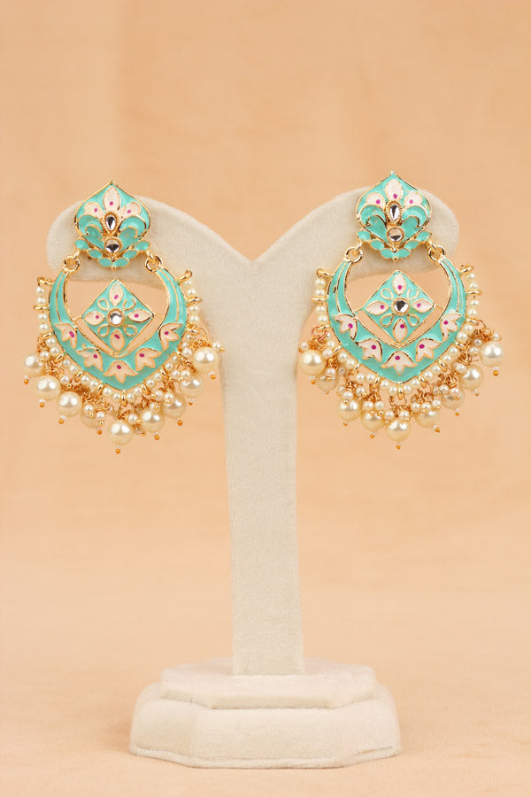 Large Earrings In Turquoise Blue Color With White Pearls Attached (E001-TB-B1)