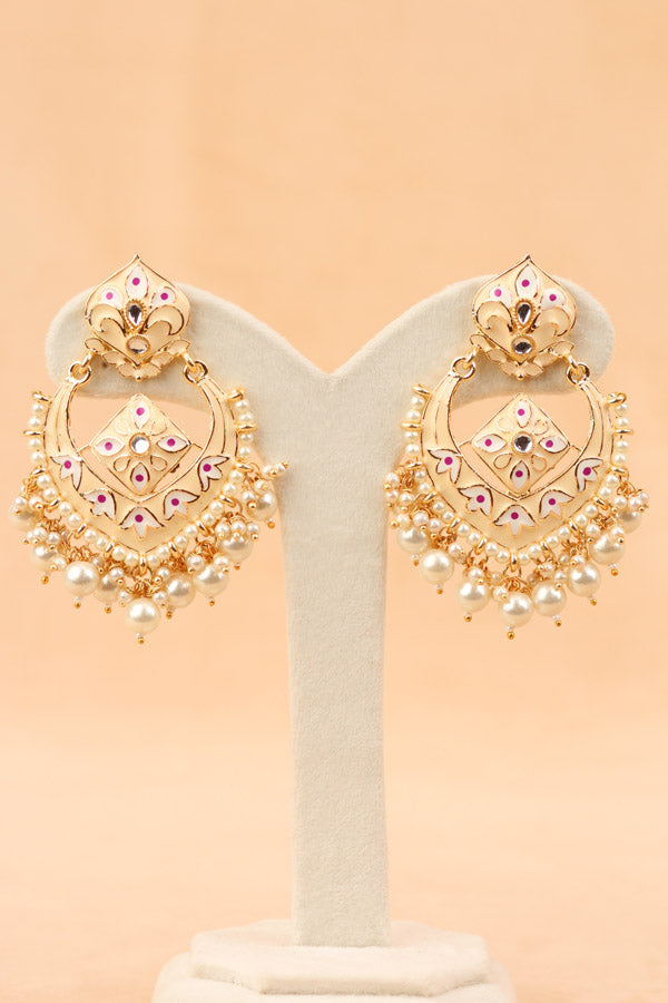 Large Earrings In White Color With White Pearls Attached (E001-W-B1)