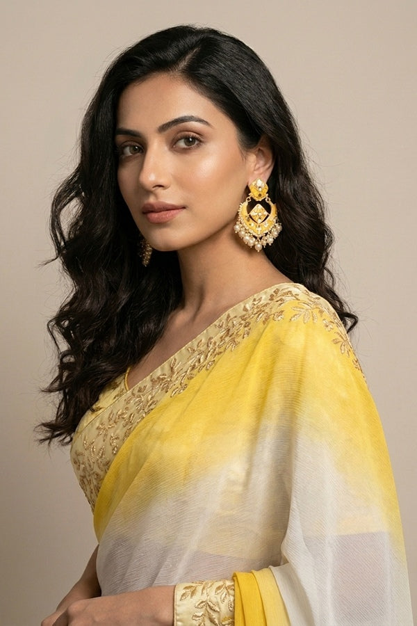 Large Earrings In Yellow Color With White Pearls Attached