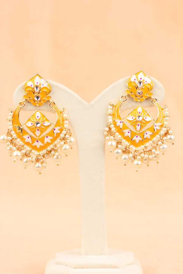 Large Earrings In Yellow Color With White Pearls Attached (E001-Y-B1)