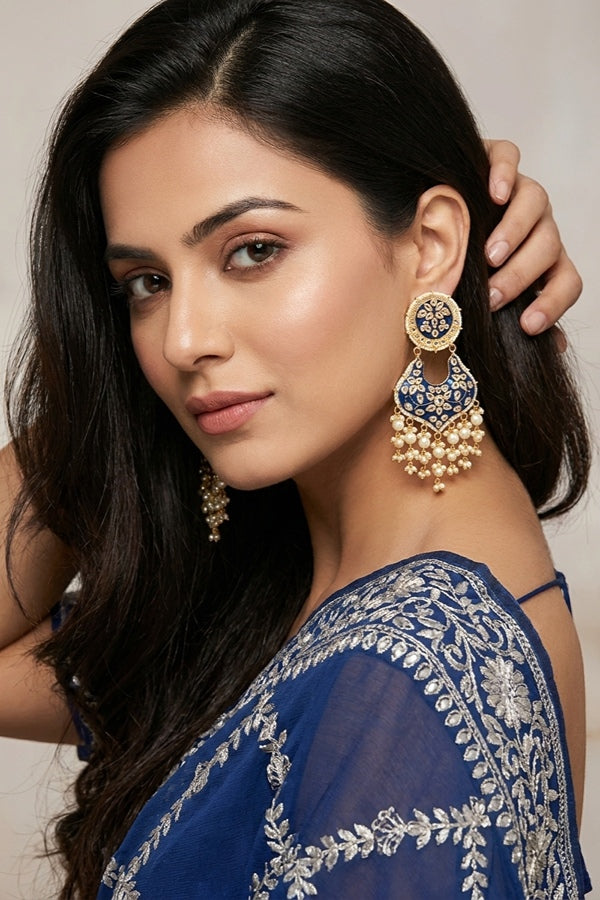 Heavy And Large Earrings In Blue Color With Pearls Attached