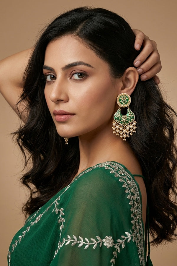 Heavy And Large Earrings In Green Color With Pearls Attached
