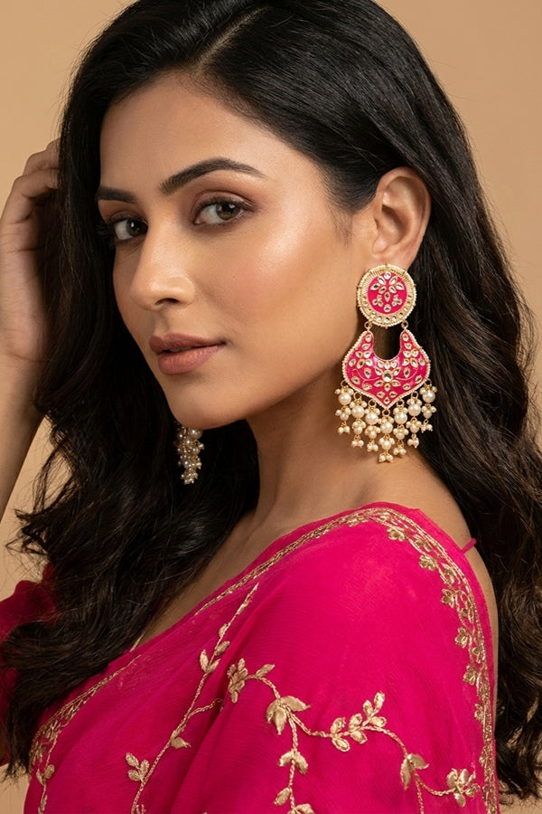 Heavy And Large Earrings In Hot Pink Color With Pearls Attached