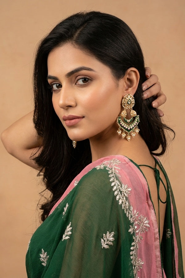 Large Fashionable Earrings In Green Color And White Pearls Attached