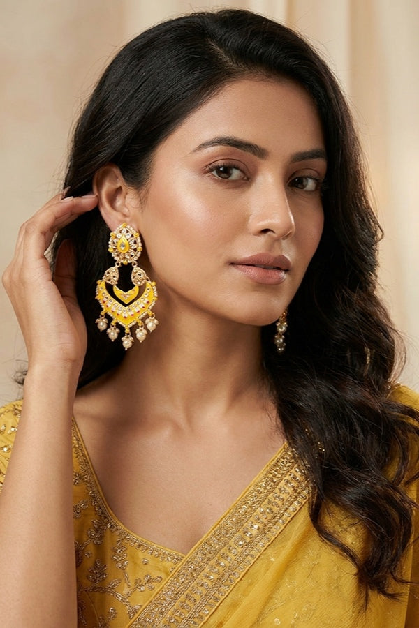 Large Fashionable Earrings In Yellow Color And White Pearls Attached 