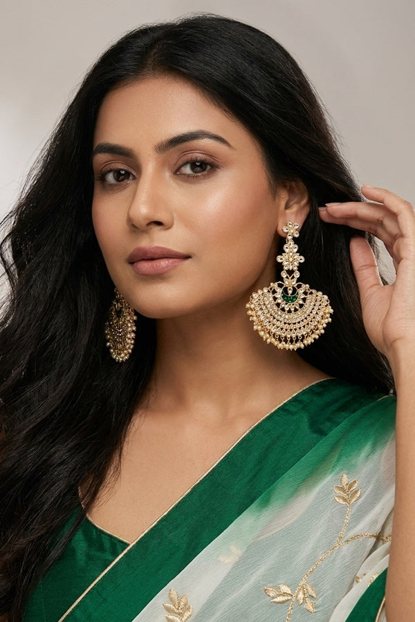 Long Fashionable Dangler Earrings In A Slightly Green Color Attached With Stones And Pearls