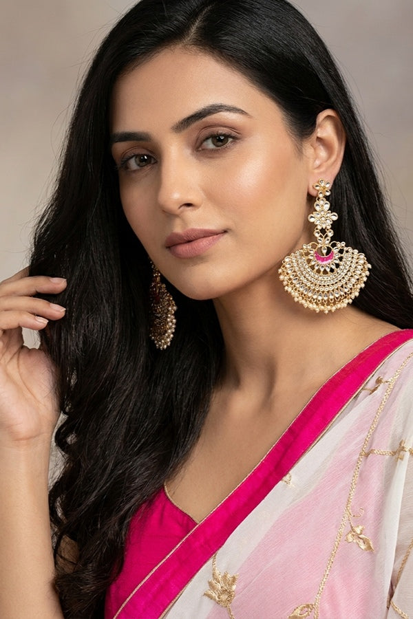 Long Fashionable Dangler Earrings In A Slightly Hot Pink Color Attached With Stones And Pearls 