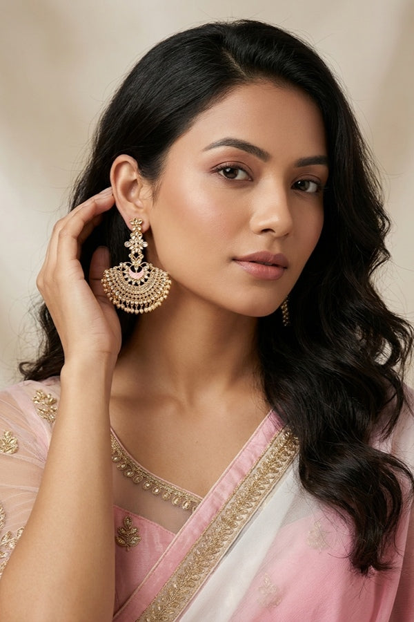 Long Fashionable Dangler Earrings In A Slightly Pink Color Attached With Stones And Pearls
