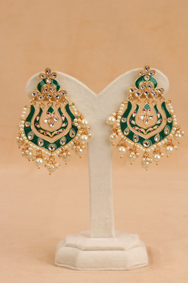 Fashionable Earrings In Green Color With White Pearls And Beads (E005-G-B1)