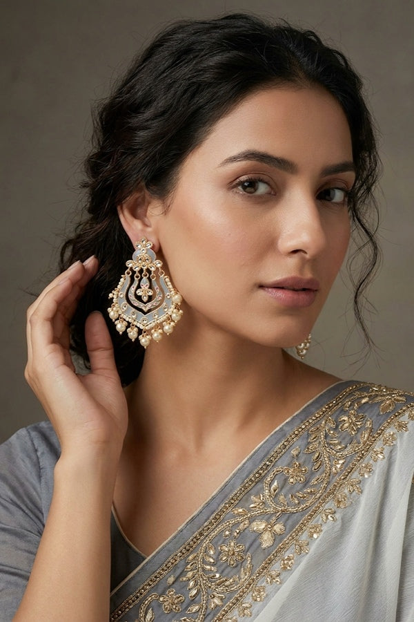 Fashionable Earrings In Grey Color With White Pearls And Beads