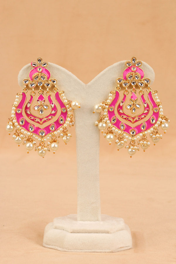 Fashionable Earrings In Hot Pink Color With White Pearls And Beads (E005-HP-B1)